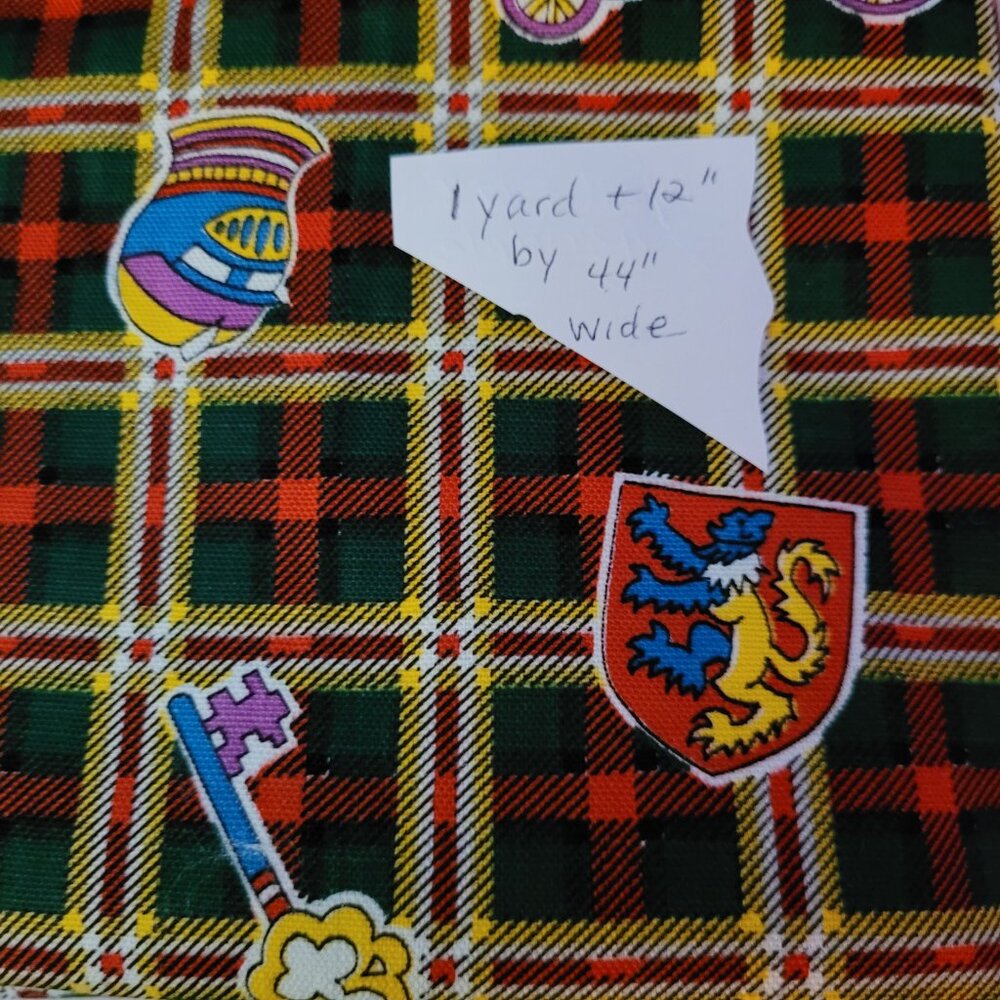 Vintage 1 Yard + 12" by 44" Wide Novelty Castle, King's Emblem, Key Plaid